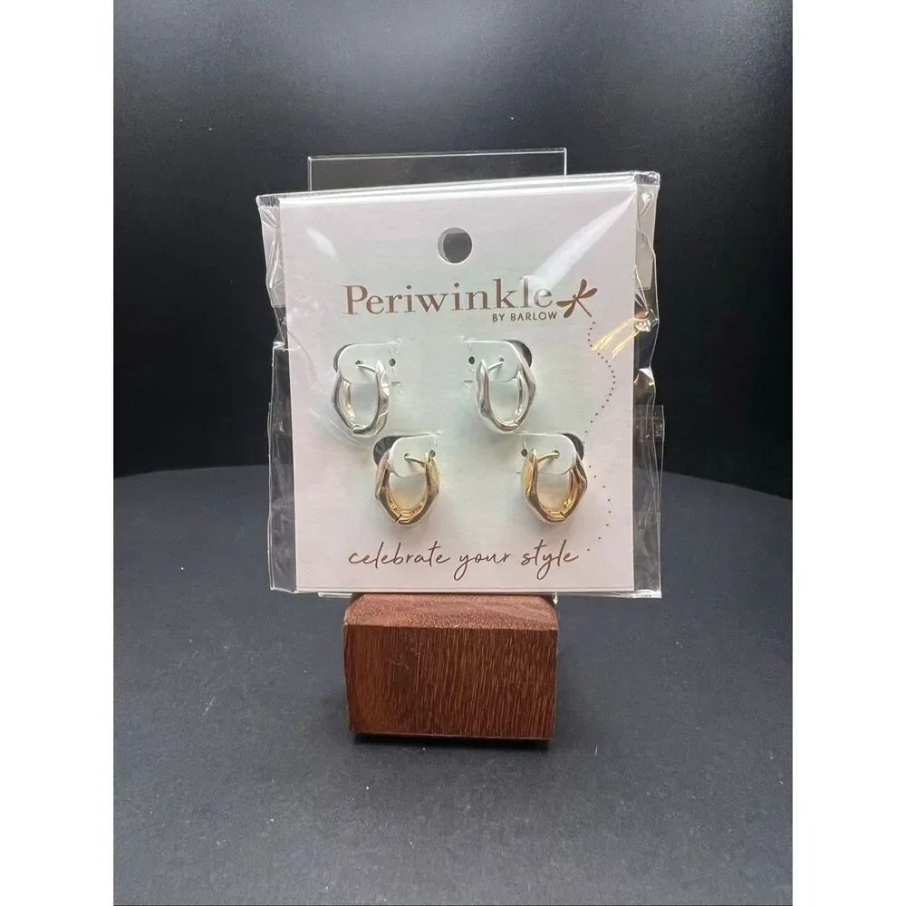New! Periwinkle By Barlow Silver and Gold Tone Wavy Huggie Hoop Earring Set